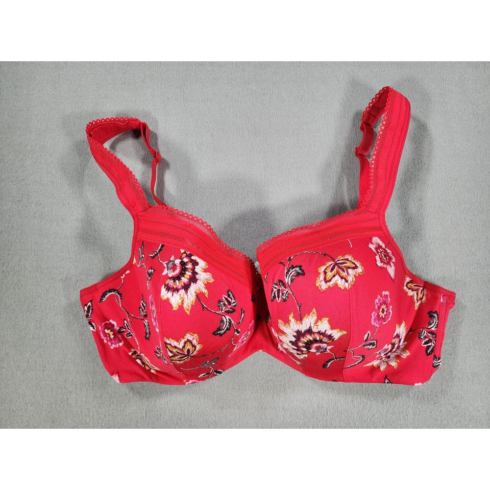 Cacique Red Floral Lace Balconette Bra Size 42D Underwire Lightly Padded Bold